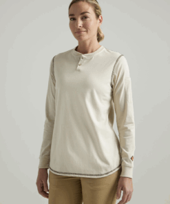 112335512 - Womens Wrangler® FR Flame Resistant Long Sleeve Henley - Sand