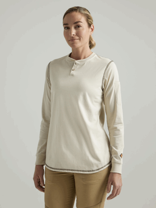 112335512 - Womens Wrangler® FR Flame Resistant Long Sleeve Henley - Sand