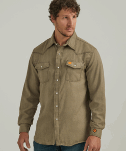 112337759 - Wrangler® FR Flame Resistant 20X Snap Long Sleeve Shirt - Heathered Khaki