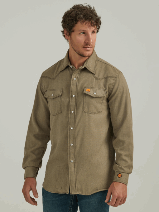 112337759 - Wrangler® FR Flame Resistant 20X Snap Long Sleeve Shirt - Heathered Khaki
