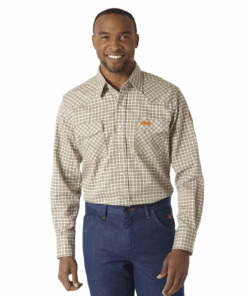 FR124MM - Wrangler® FR Flame Resistant Lightweight Work Shirt - Khaki/White Plaid