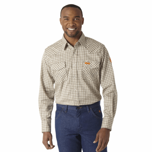 FR124MM - Wrangler® FR Flame Resistant Lightweight Work Shirt - Khaki/White Plaid